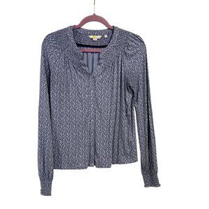 Boden Blue‎ Mini Floral V-Neck Button Up Smocked Detail Blouse Size 6